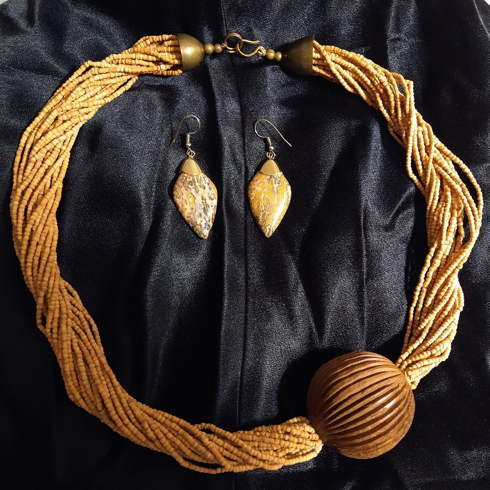 WOOD & CORK BEADED NECKLACE /W GRANITE DROP  EARRINGS TAN/BROWN/BLACK